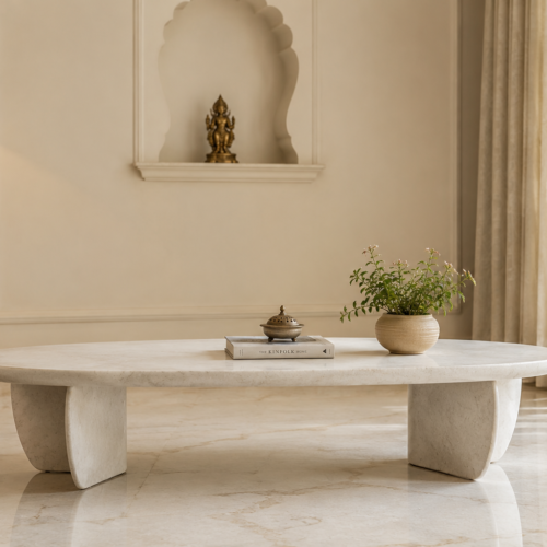curved Curved Paddle-Leg Coffee Table in Cream Stone