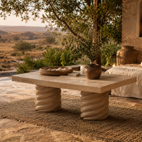 curved3 Twisted Column Travertine Coffee Table