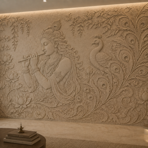 Murlidhar — Lord Krishna Flute & Peacock Forest Relief Wall Mural