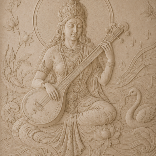Vagdevi — Goddess Saraswati Veena Relief Wall Panel